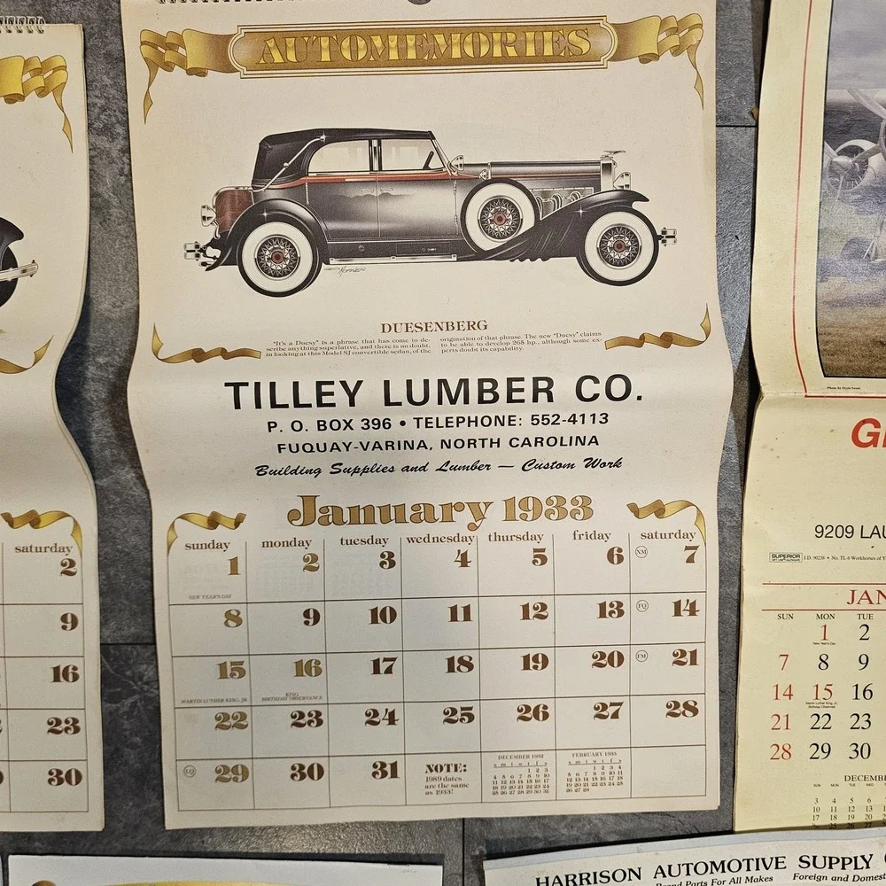 Automemories Vintage Car Calendars Lot Tilley Lumber Jenkins 1930s 1950s